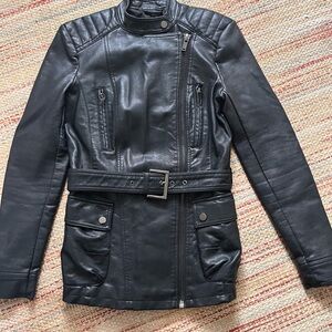 Zara Black Leather Moto Jacket with Belted Waist